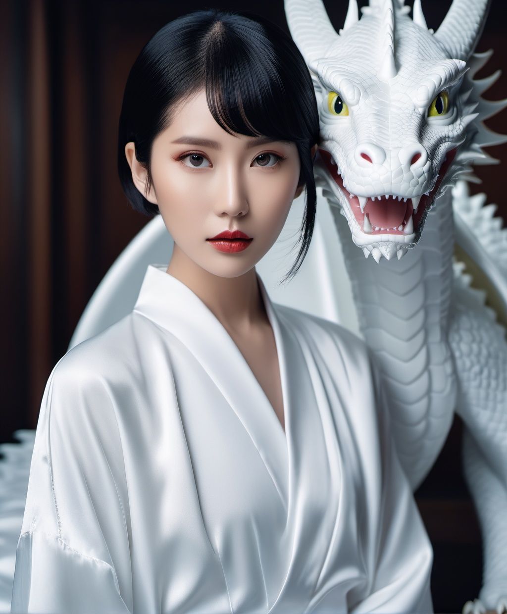 30 years old female Asian,  Slicked-bac hair style,  in a white tone environment with a white dragon behind him on Tensor.Art