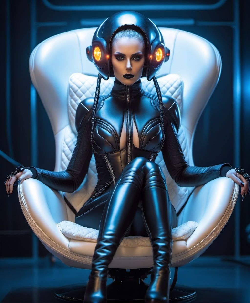 HOT woman ,  front view portrait of a Scarabaeidae aliengoth alien sitting on a padded chair,  Scarabaeidae on Tensor.Art