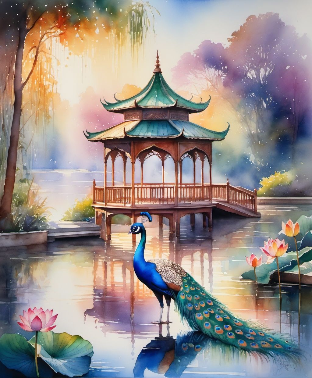 Vibrant watercolor painting,  Morning sunlight on a bright wooden pavilion,  Centrally located in a tranquil park on Tenso...