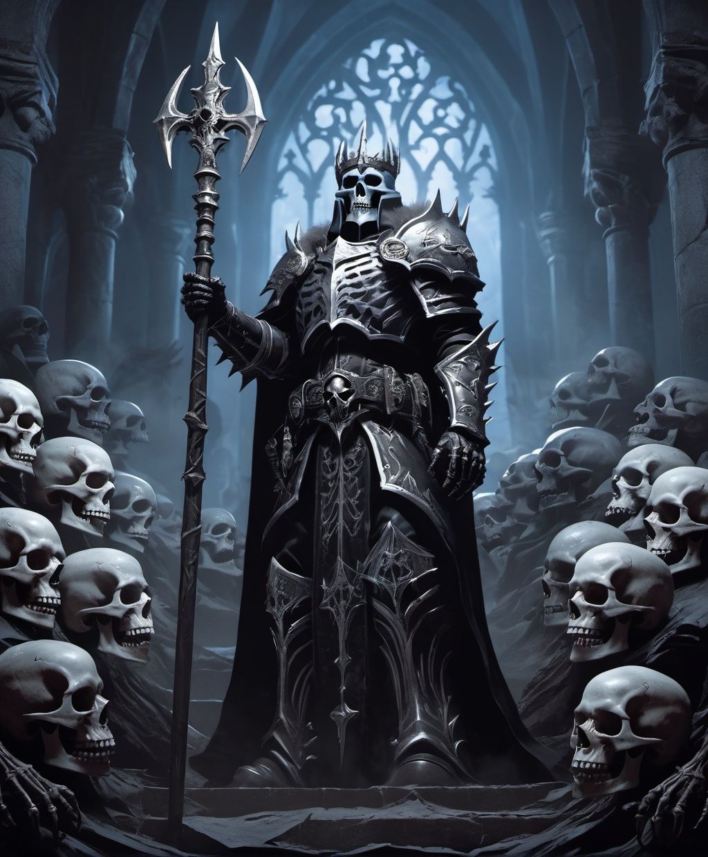 a Lich King surrounded by his undead army,  his skeletal fingers clutch a staff imbued with dark magic. Crypts crumble,  a...