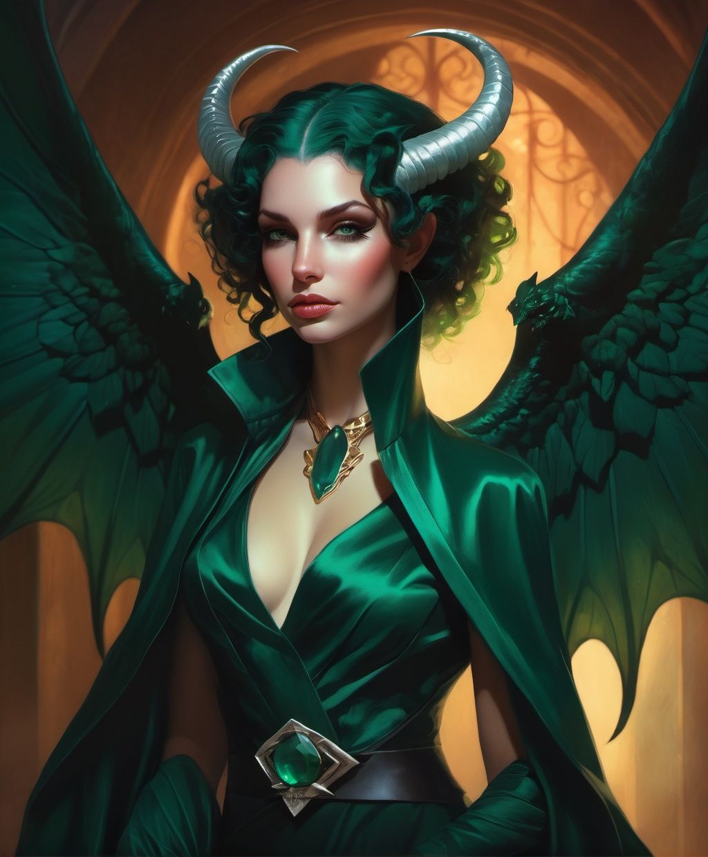 HOT woman ,  dark emerald tiefling female with wings,  by Anna Dittman on Tensor.Art