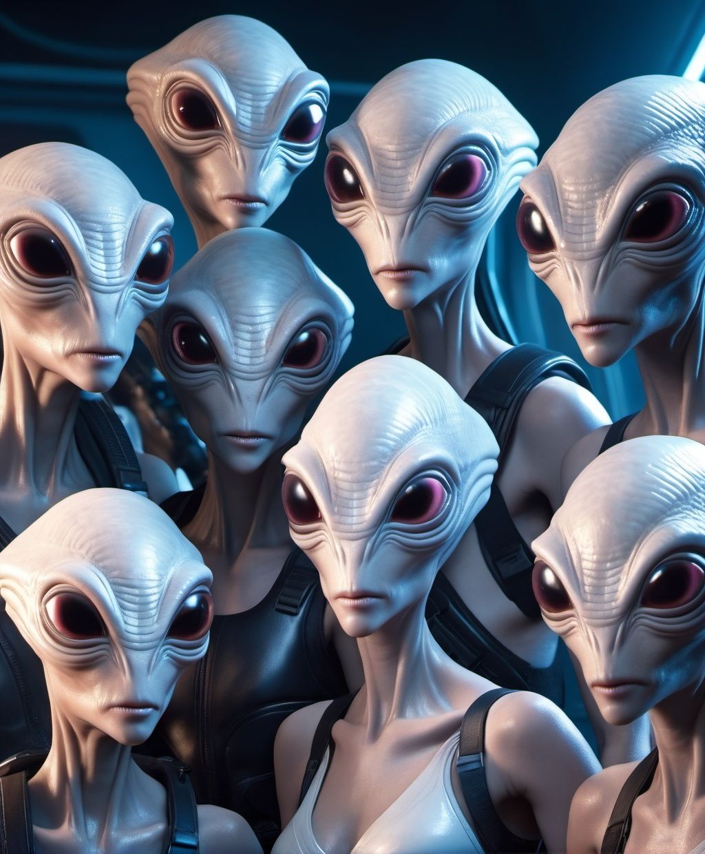 A group of dorky looking aliens. Carrying blasters. Scaly white skin,  moist skin. Avian. Leathery. Gregarious. Selfie. In...