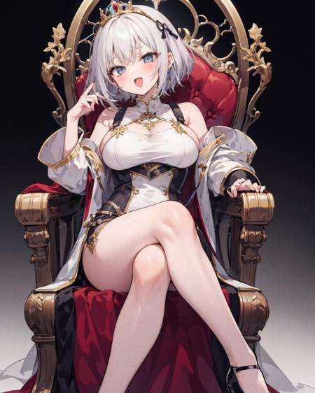 1girl,large breasts, solo,princess, smug,open mouth, ;3,  <lora:Smug:1>,sitting,throne, 