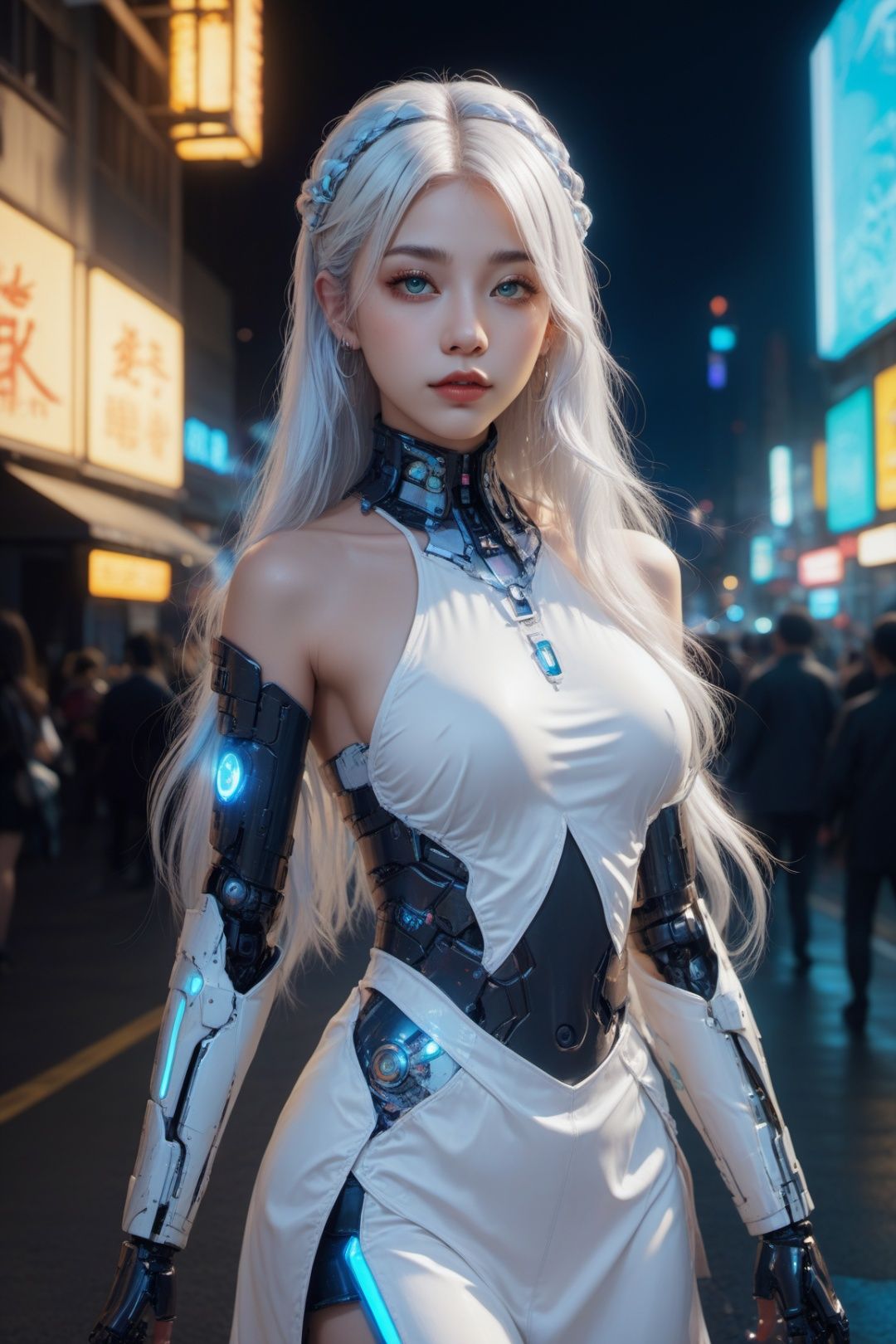 official art, unity 8k wallpaper, (ultra detailed), beautiful and aesthetic, beautiful, masterpiece, best quality, (1girl:1.3), (long hair, white hair:1.4), mature female, cyberpunk, mecha, sexy, iridescent eyes, starry sky, standing, futurecamisole,street, neon light,upper_body