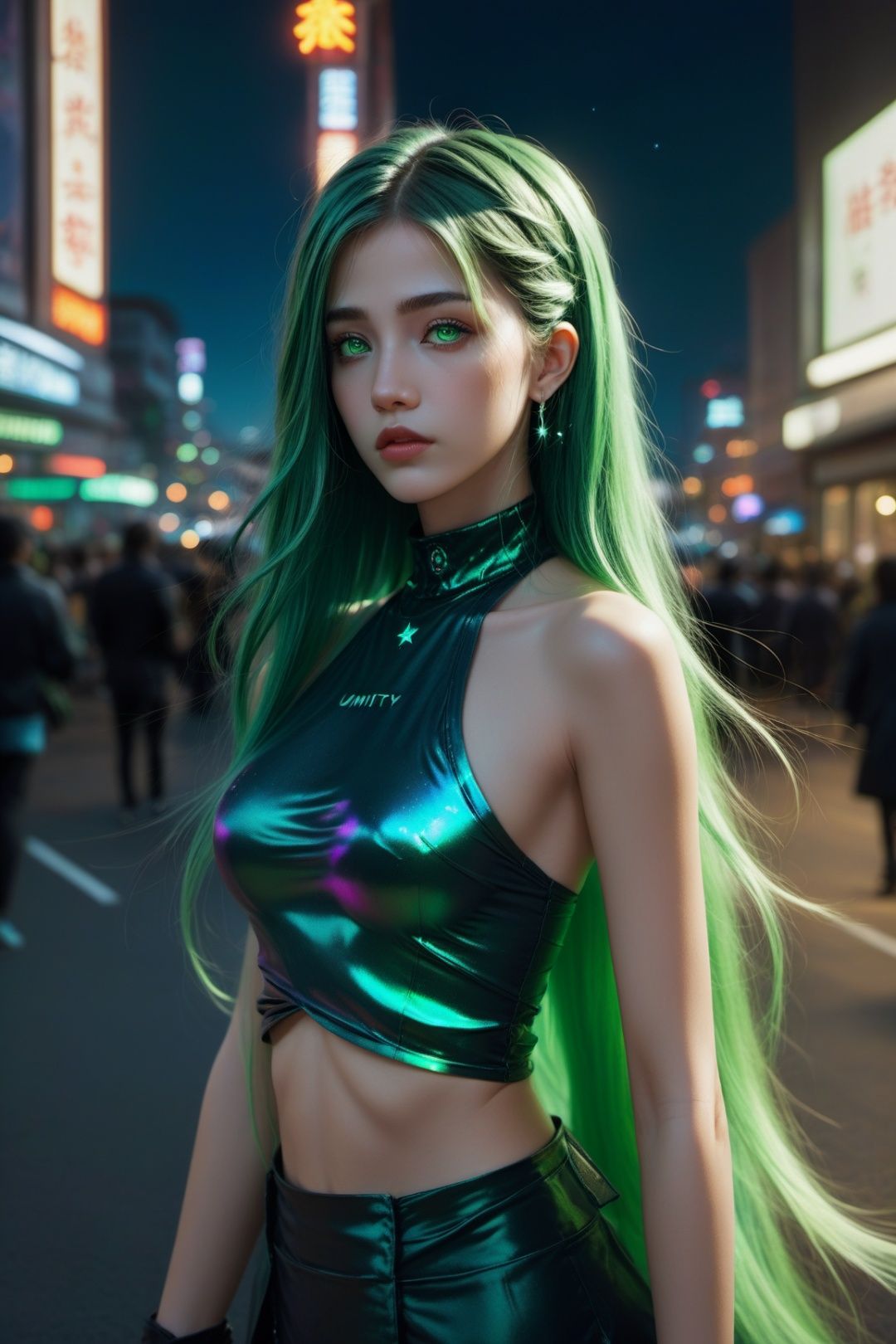 official art, unity 8k wallpaper, (ultra detailed), beautiful and aesthetic, beautiful, masterpiece, best quality, (1girl:1.3), (long hair, green hair:1.4), mature female, cyberpunk, sexy, iridescent eyes, starry sky, standing, futurecamisole,street, neon light,upper_body