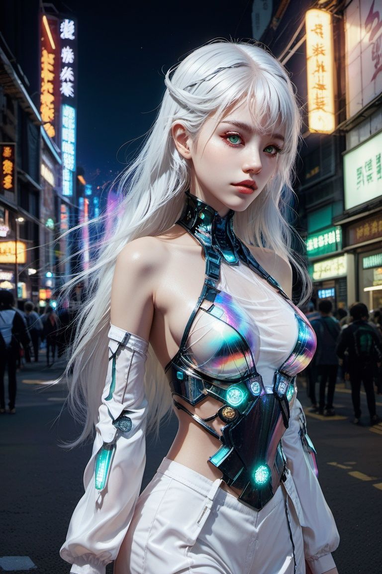 official art, unity 8k wallpaper, (ultra detailed), beautiful and aesthetic, beautiful, masterpiece, best quality, (1girl:1.3), (long hair, white hair:1.4), mature female, cyberpunk, mecha, sexy, iridescent eyes, starry sky, standing, futurecamisole,street, neon light,upper_body