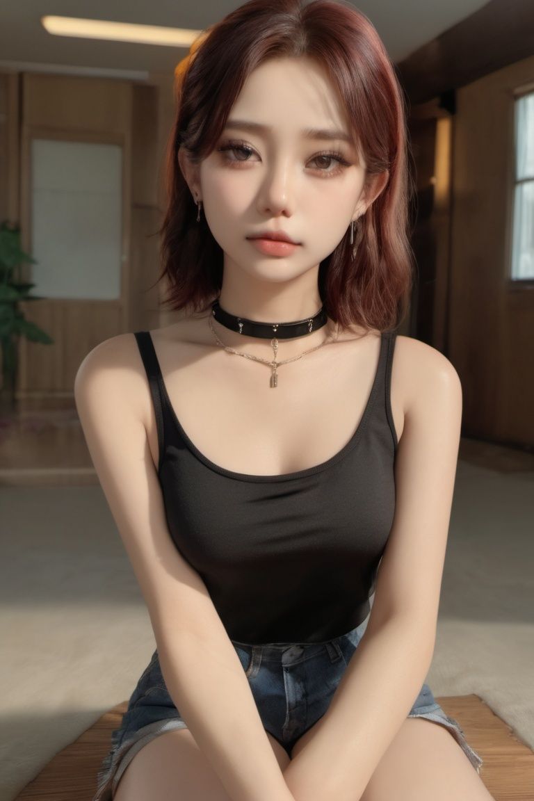 (8k, RAW photo, best quality, masterpiece:1.2),(realistic, photo-realistic:1.2),1girl,solo,****_top,indoors,choker,earring,short,sitting