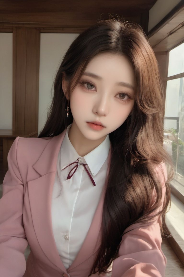 ((good structure,  Good composition,  good atomy)),  ((clear,  original,  beautiful)),  1girl,  long hair,  qingsha,  (RAW photo,  best quality),  (realistic,  photo-realistic:1.3),  masterpiece,  an extremely delicate and beautiful,  looking at viewer,  1girl,  cute,  young,  realistic face,  realistic body,  beautiful detailed thigh,  (ulzzang-6500:0.8),  upper_body,collar,suit,blazer,shirt,portrait 