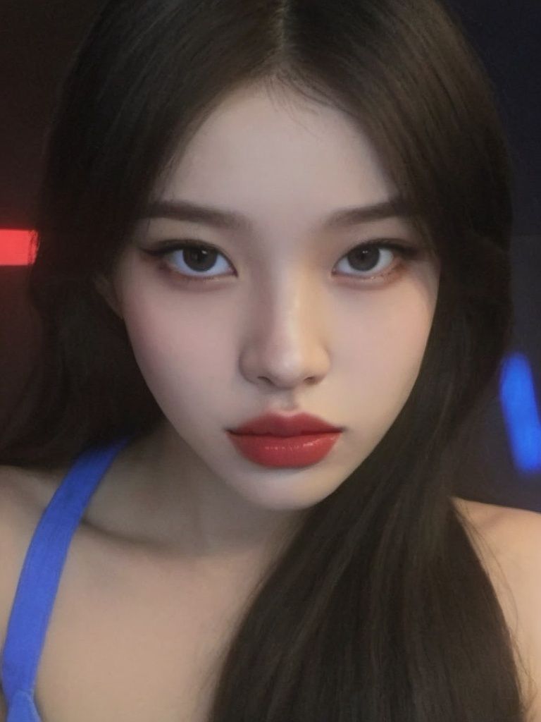 A girl, long hair, half picture, city, future, science fiction, black silk, shorts, night scene, midnight, blue light, neon, night, face close-up, delicate features, beautiful girl, beauty, charming,fashi-girl,red lips,realistic,makeup,