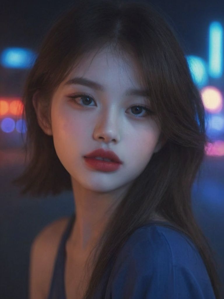A girl, long hair, half picture, city, future, science fiction, black silk, shorts, night scene, midnight, blue light, neon, night, face close-up, delicate features, beautiful girl, beauty, charming,fashi-girl,red lips,realistic,makeup,