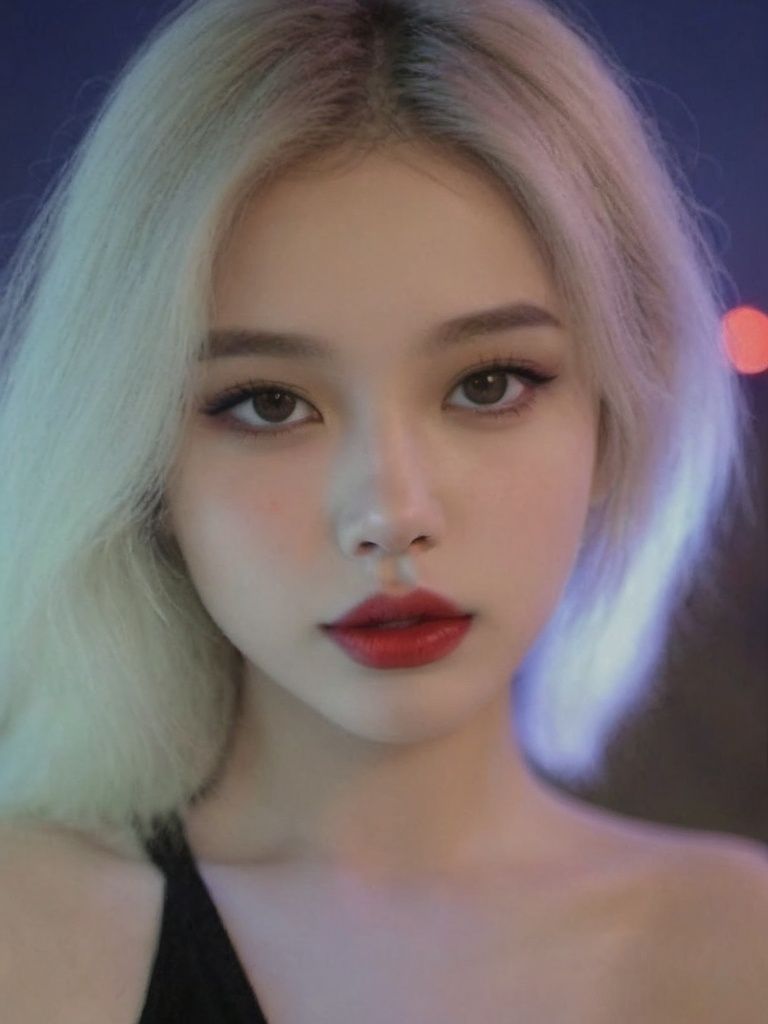 A girl, long hair, half picture, city, future, science fiction, black silk, shorts, night scene, midnight, blue light, neon, night, face close-up, delicate features, beautiful girl, beauty, charming,fashi-girl,red lips,realistic,makeup,