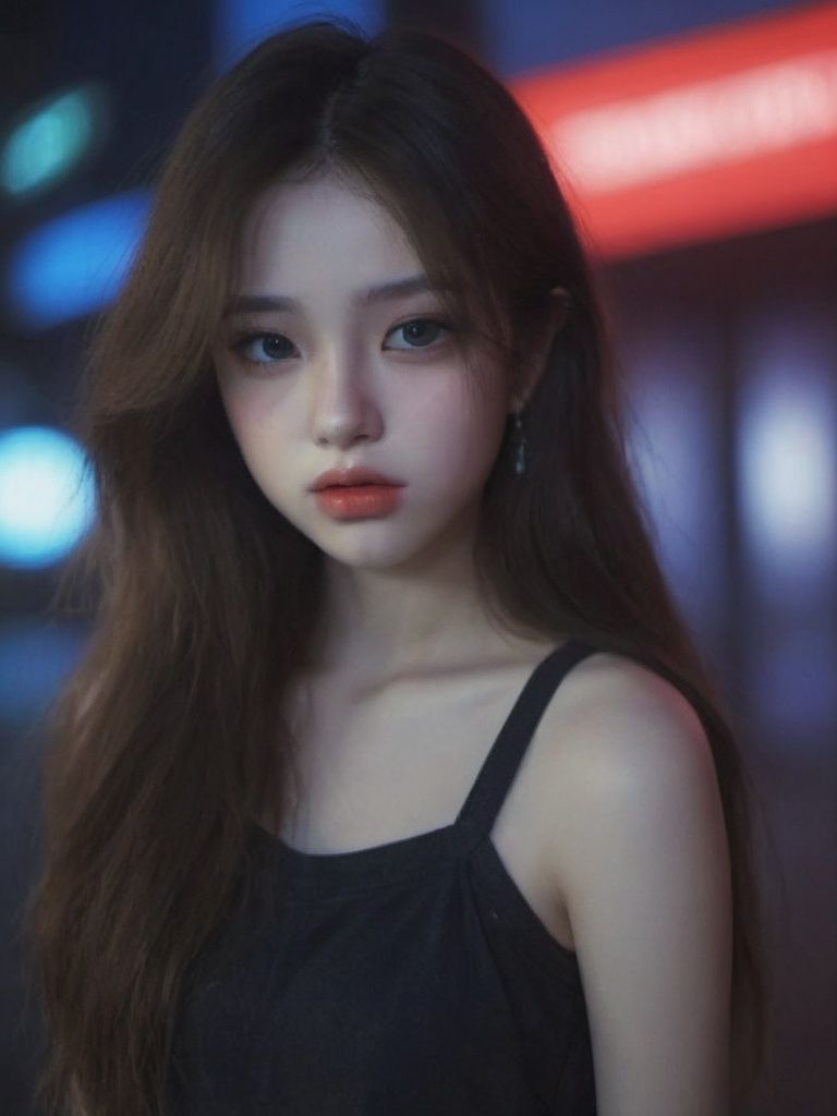 A girl, long hair, half picture, city, future, science fiction, black silk, shorts, night scene, midnight, blue light, neon, night, face close-up, delicate features, beautiful girl, beauty, charming,fashi-girl,red lips,realistic,makeup,