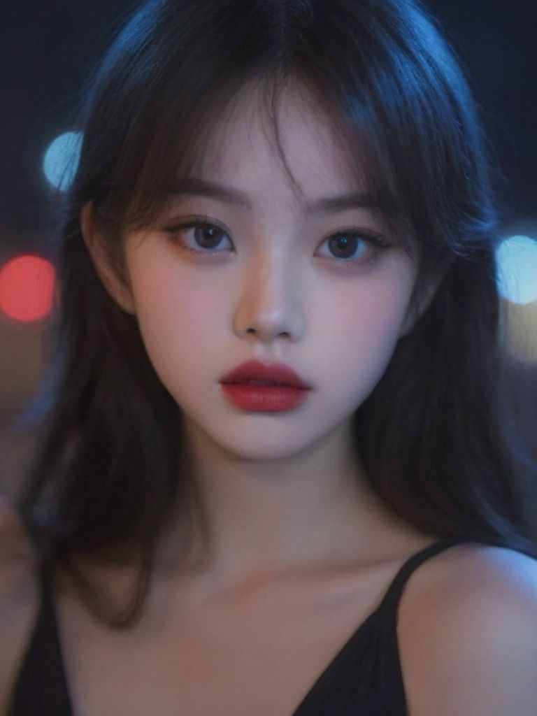 A girl, long hair, half picture, city, future, science fiction, black silk, shorts, night scene, midnight, blue light, neon, night, face close-up, delicate features, beautiful girl, beauty, charming,fashi-girl,red lips,realistic,makeup,