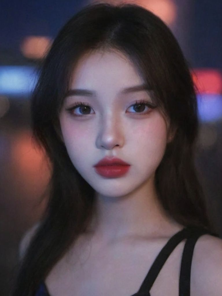 A girl, long hair, half picture, city, future, science fiction, black silk, shorts, night scene, midnight, blue light, neon, night, face close-up, delicate features, beautiful girl, beauty, charming,fashi-girl,red lips,realistic,makeup,