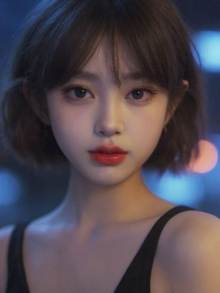 A girl, long hair, half picture, city, future, science fiction, black silk, shorts, night scene, midnight, blue light, neon, night, face close-up, delicate features, beautiful girl, beauty, charming,fashi-girl,red lips,realistic,makeup,