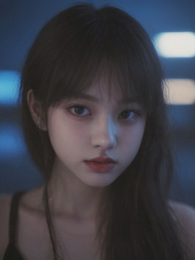 A girl, long hair, half picture, city, future, science fiction, black silk, shorts, night scene, midnight, blue light, neon, night, face close-up, delicate features, beautiful girl, beauty, charming,fashi-girl,red lips,realistic,makeup,