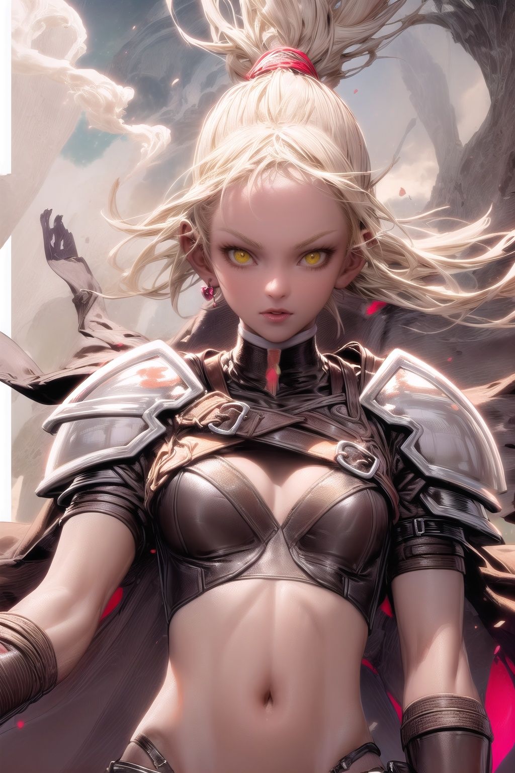(upper body) (solo) (1girl)(dark-skinned female)(yellow eyes)(short white hair)(facing viewer)wearing(leather armor,breastplate,midriff,greaves,leather gauntlets,belt,choker) on battlefield, ruined castle in background, smoke and fire background