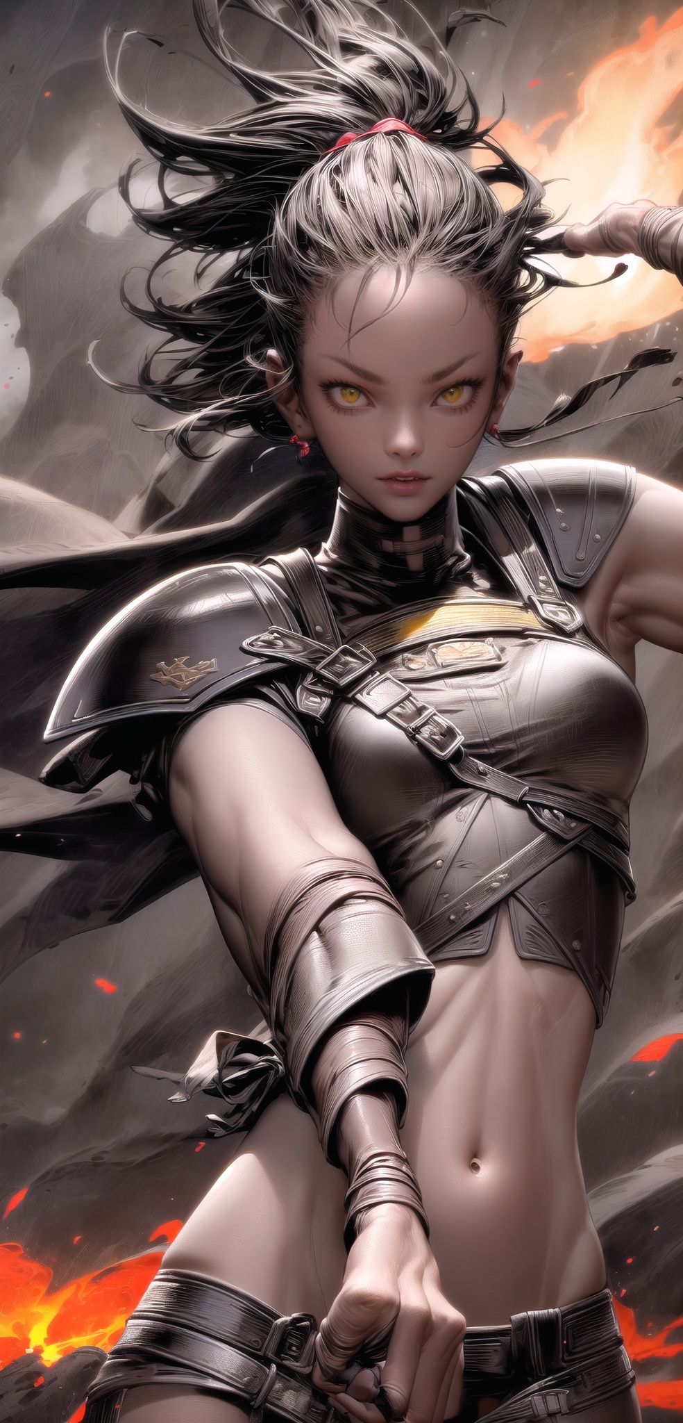 (upper body) (solo) (1girl)(dark-skinned female)(yellow eyes)(short black hair)(facing viewer)wearing(leather armor,breastplate,midriff,greaves,leather gauntlets,belt,choker) on battlefield, ruined castle in background, smoke and fire background