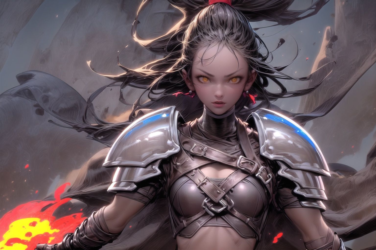 (upper body) (solo) (1girl)(dark-skinned female)(yellow eyes)(short black hair)(facing viewer)wearing(leather armor,breastplate,midriff,greaves,leather gauntlets,belt,choker) on battlefield, ruined castle in background, smoke and fire background