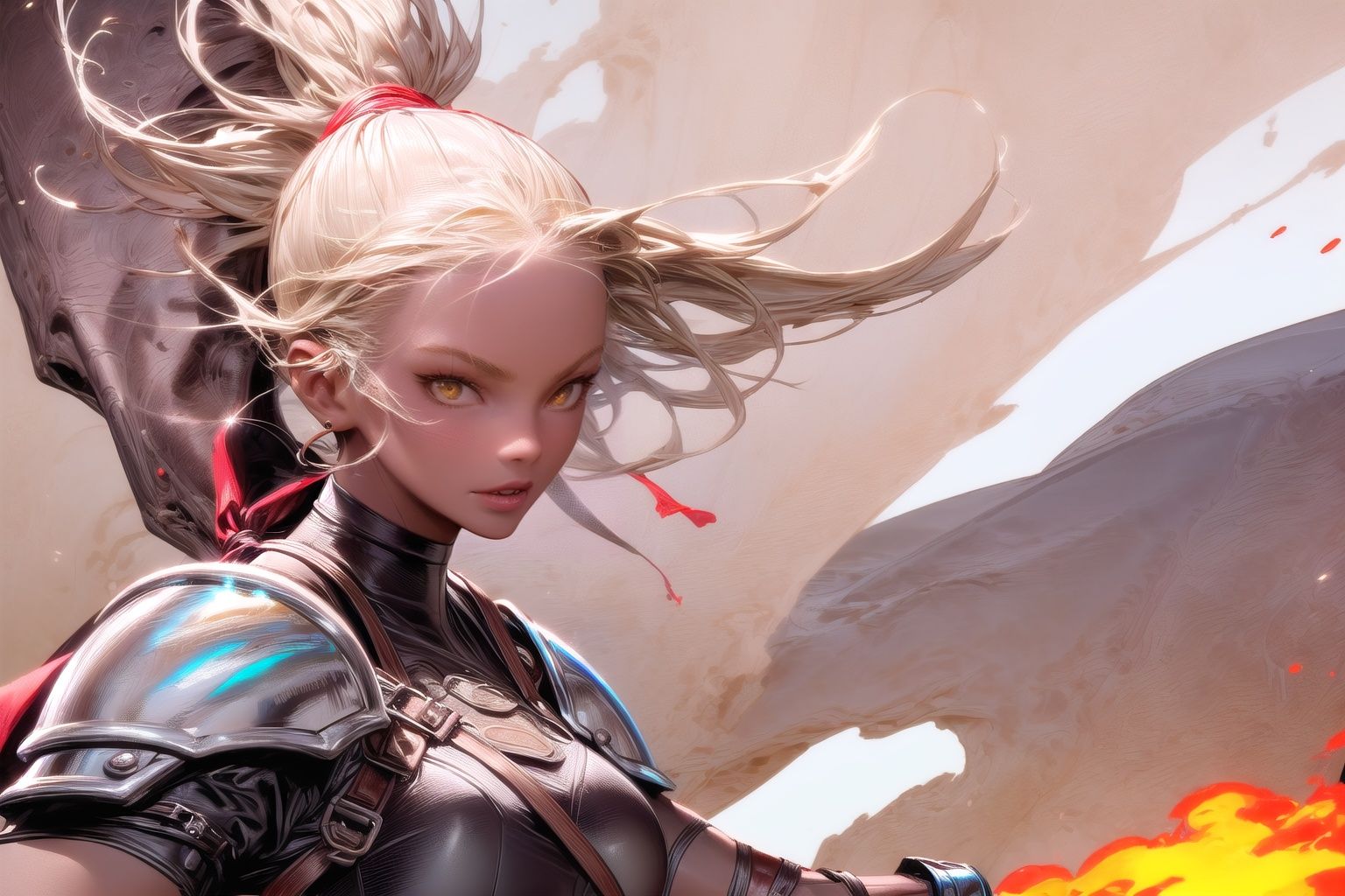 (upper body) (solo) (1girl)(dark-skinned female)(yellow eyes)(short white hair)(facing viewer)wearing(leather armor,breastplate,midriff,greaves,leather gauntlets,belt,choker) on battlefield, ruined castle in background, smoke and fire background