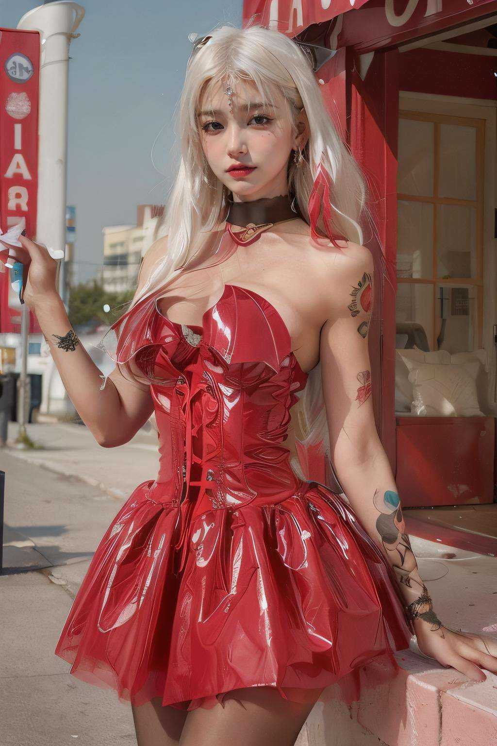 masterpiece,best quality,(photorealistic:1.4),(ultra detailed:1.3),masterpiece,(white hair:1.2),(large breasts:1.3),(red dress:1.2),(long hair:1.3),large breasts,(tattoo:1.3),pantyhose,(city:1.2),unity 8k wallpaper,(outdoors:1.3),1girl,<lora:Nun dress_20230731111324:0.9>,