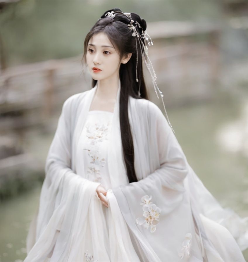 1girl, Daxiushan, Daxiushan style, black eyes, black hair, blurry, blurry background, chinese clothes, dress, hair ornament, hanfu, long hair, realistic, solo focus, white dress <lora:sdxl_Daxiushan-000003:1>