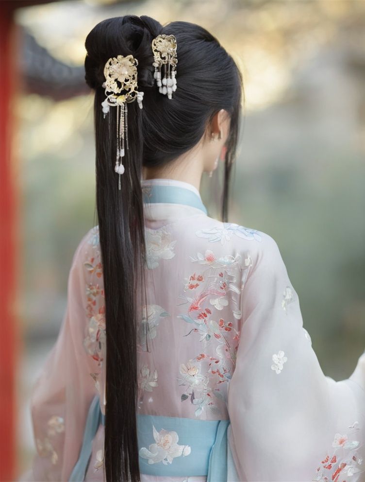 1girl, Daxiushan, Daxiushan style, back view, black hair, chinese clothes, dress, earrings, from back, from behind, hair ornament, hanfu, jewelry, long hair, solo, looking at viewer <lora:sdxl_Daxiushan-000003:1>