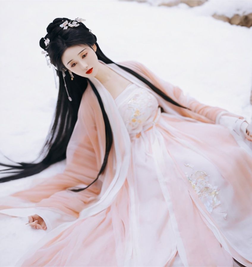 1girl, Daxiushan, Daxiushan style, black hair, hanfu, lying, on side, red lips, snow, solo <lora:sdxl_Daxiushan-000003:1>