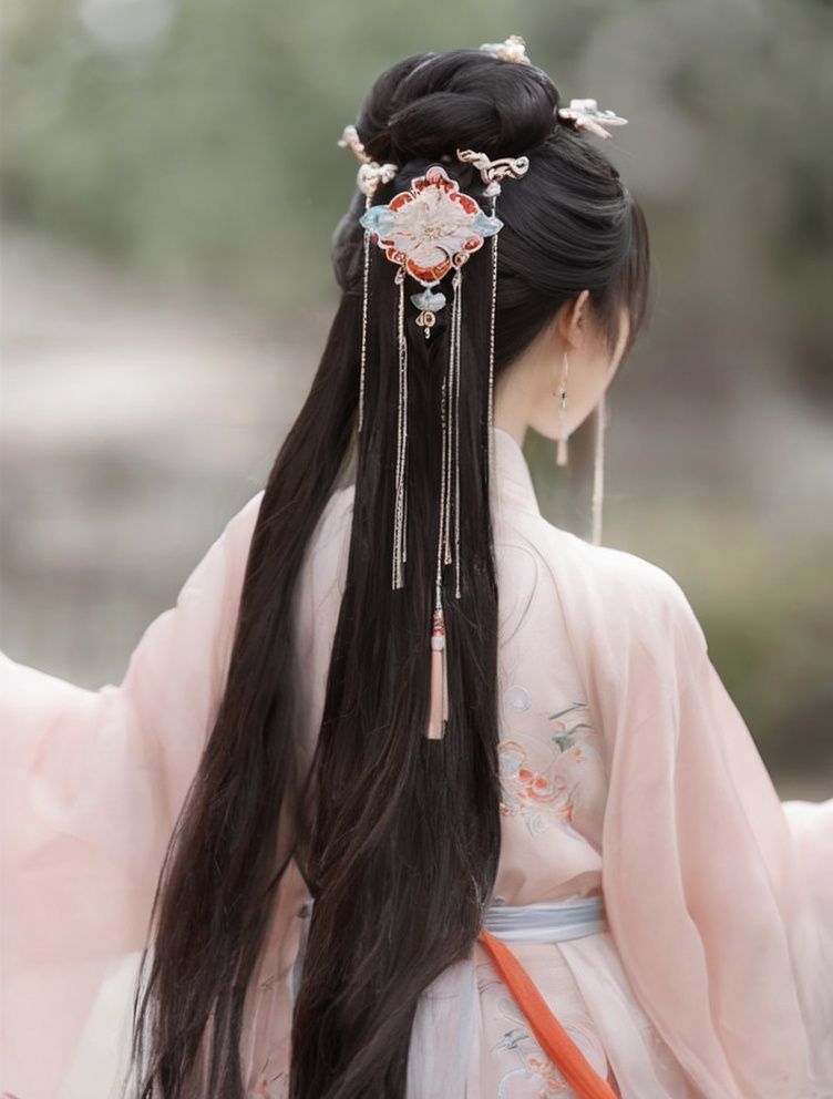 1girl, Daxiushan, Daxiushan style, back view, black hair, chinese clothes, dress, earrings, from back, from behind, from side, hair ornament, hanfu, jewelry, long hair, solo <lora:sdxl_Daxiushan-000003:1>