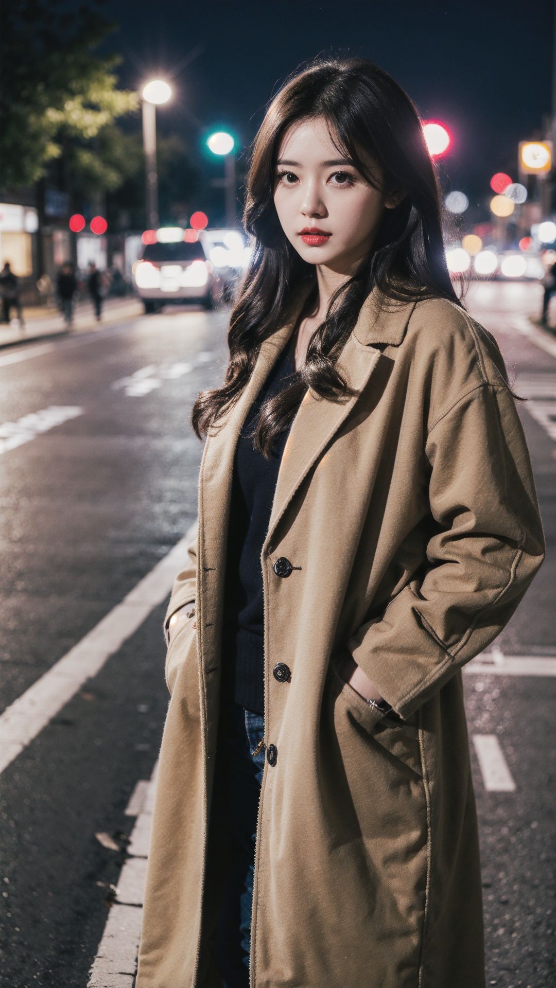 a woman standing on the side of a road at night,1girl,long hair,motor vehicle,car,looking at viewer,ground vehicle,night,hands in pockets,blurry background,coat,black hair,parted lips,bokeh,jacket,brown hair,outdoors,red lips,upper body,