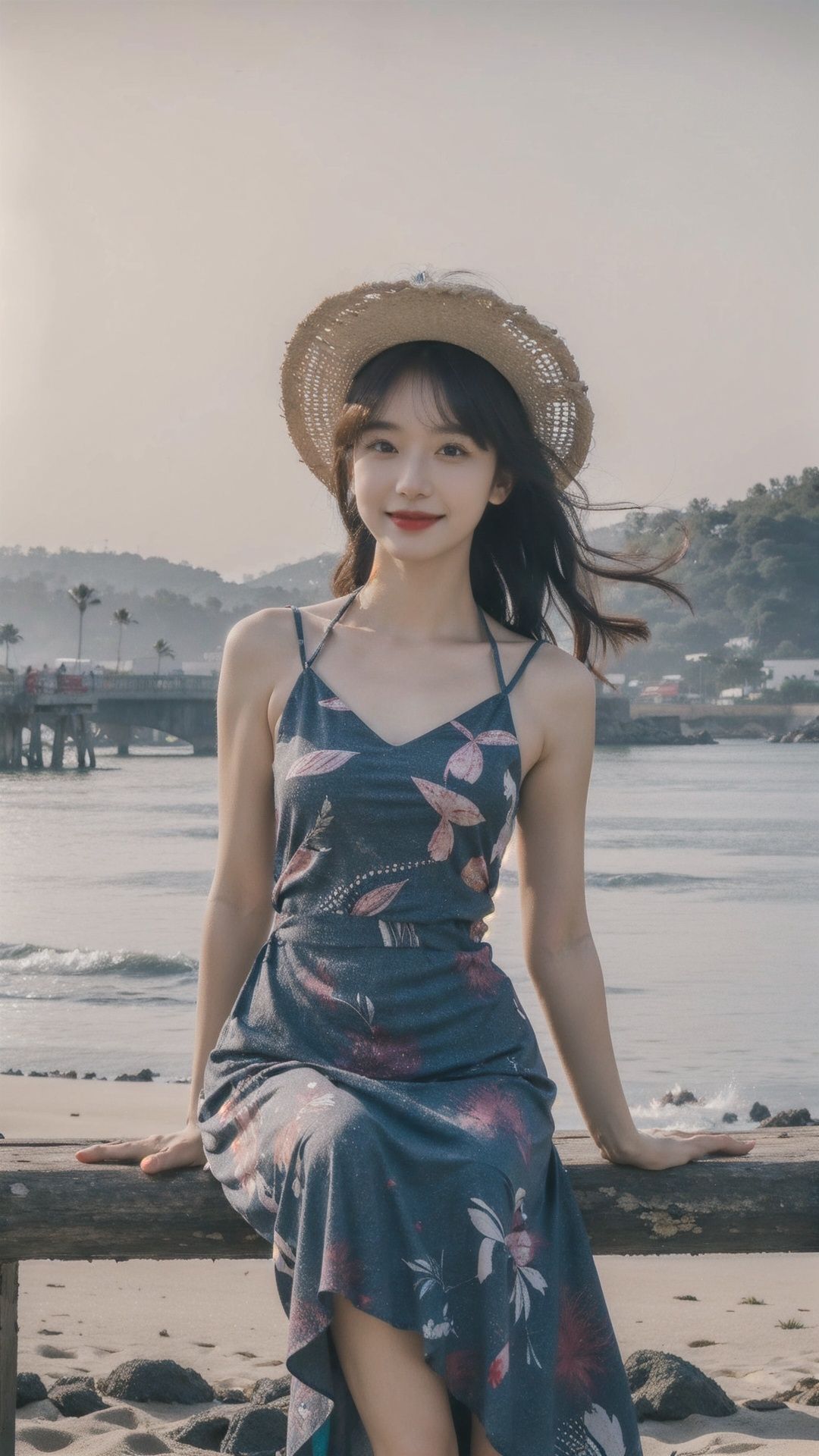K raw photo, Best quality, masterpiece, ultra high res, 1girl, natural skin texture, realistic eye and face details, full lips, fluffy hair, beautiful legs, tall female, skinny, slim_legs, solo, fluffy hair, sitting, (looking at viewer:1.28), raw photo, Best quality, masterpiece, ultra high res, 1girl, natural skin texture, realistic eye and face details, full lips, fluffy hair, beautiful legs, tall female, skinny, slim_legs, solo, fluffy hair, , sitting, (looking at viewer:1.2), full body,, closed mouth, black eyes, bangs, red lips, <lora:FilmgirlLora_v30:0.7>,(happy.smile),,(extremely detailed CG unity 8k wallpaper), photo of the most beautiful artwork in the world, trending on ArtStation, trending on CGSociety, Intricate, High Detail, Sharp focus, dramatic,volumetric lighting, rim lighting, two tone lighting, cinematiclighting, rim lighting, light particles, sunlight,,(Tropical_print_maxi_dress:1.5),(Straw_wide-brim_hat:1.4),(Woven_slides:1.3),(Beach_pier_background:1.4)<lora:cuteGirlMix4_v10:0.5>,<lora:ChineseDollLikenessV2.0:0.5:FACE>,