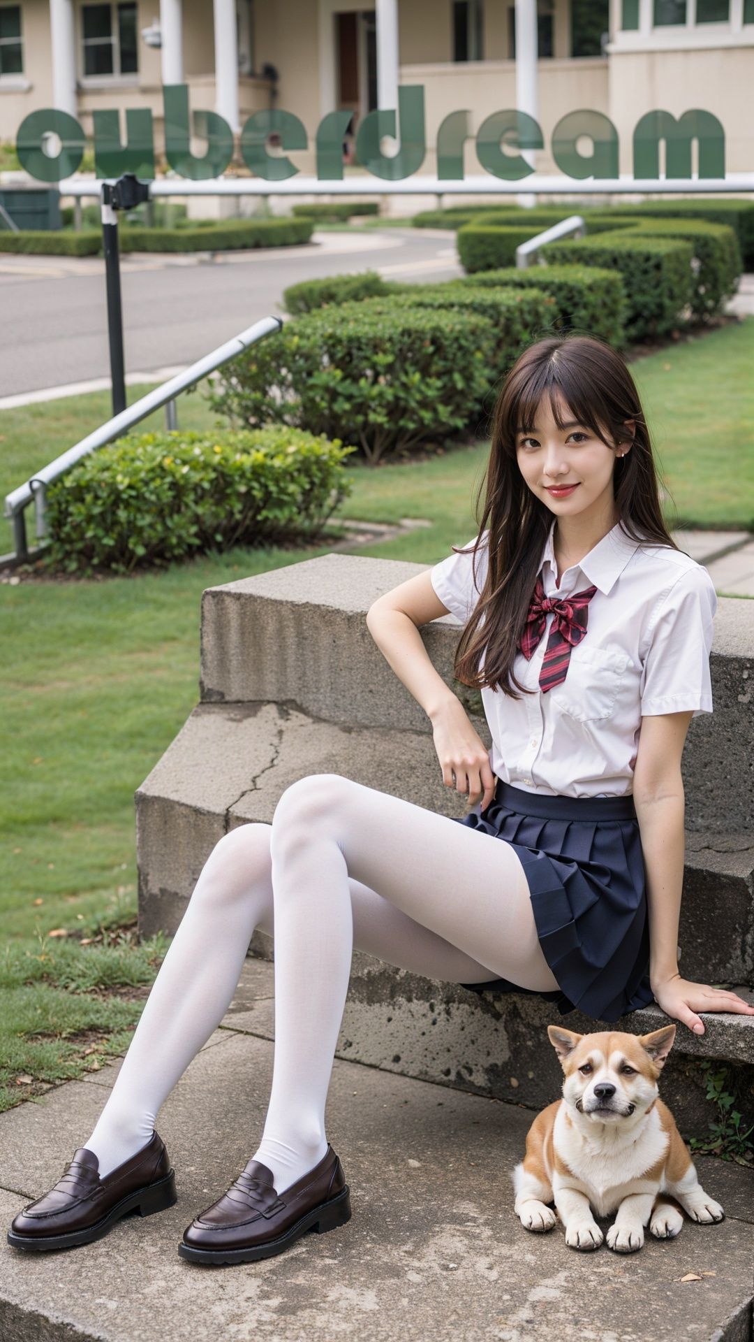 masterpiece,bestquality,realistic,8k,officialart,cinematic light,ultrahighres,1girl,teenager,kawaii,skinny,beautifly face,seductive smile,schooluniform,short sleeves,jk_style,jk_skirt,jk_shirt,jk_tie,striped,jk_bow,sitting,armsupport,outdoors,temple,<lora:JK_style:0.3:CLOTHING>,slim legs,white pantyhose,brown shoes,perfect waist to hip ratio,fashionable accessories,stylish outfit,<lora:jk制服白丝裤袜serafuku white pantyhose and l_1.0:0.6>,