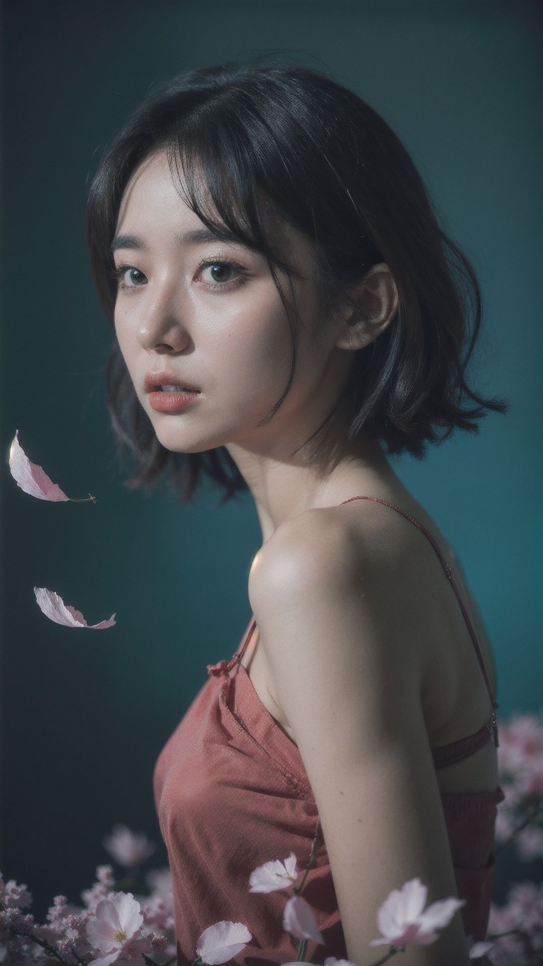 none,1girl,short hair,close-up,solo,summer blues,melancholy,nostalgia,loneliness,petals,surreal imagery,dreamlike atmosphere,contrasting colors,complex and detailed elements,