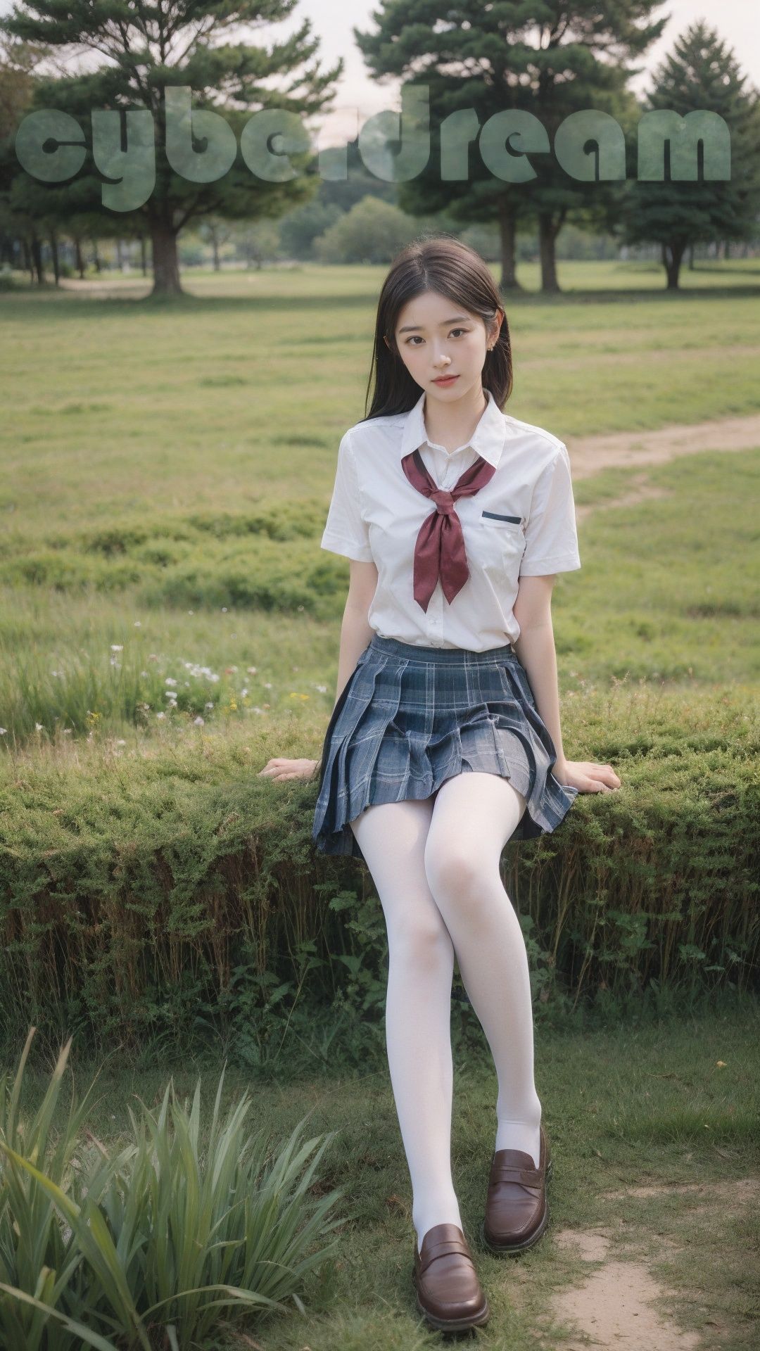 (Amber-hued dusk resembles candy in a beautiful distance),(The mint-colored grassland carries a fragrance, like wind without a shape),(The cold air and the glass have a sense of transparency in the early morning),1 beautiful 15-year-old girl,light smile,<lora:小怡同学:0.6>,<lora:jk制服白丝裤袜serafuku white pantyhose and l_1.0:0.5>,white pantyhose,loafers,serafuku,plaid_skirt,pleated skirt,mary janes,school uniform,brown footwear,black footwear,