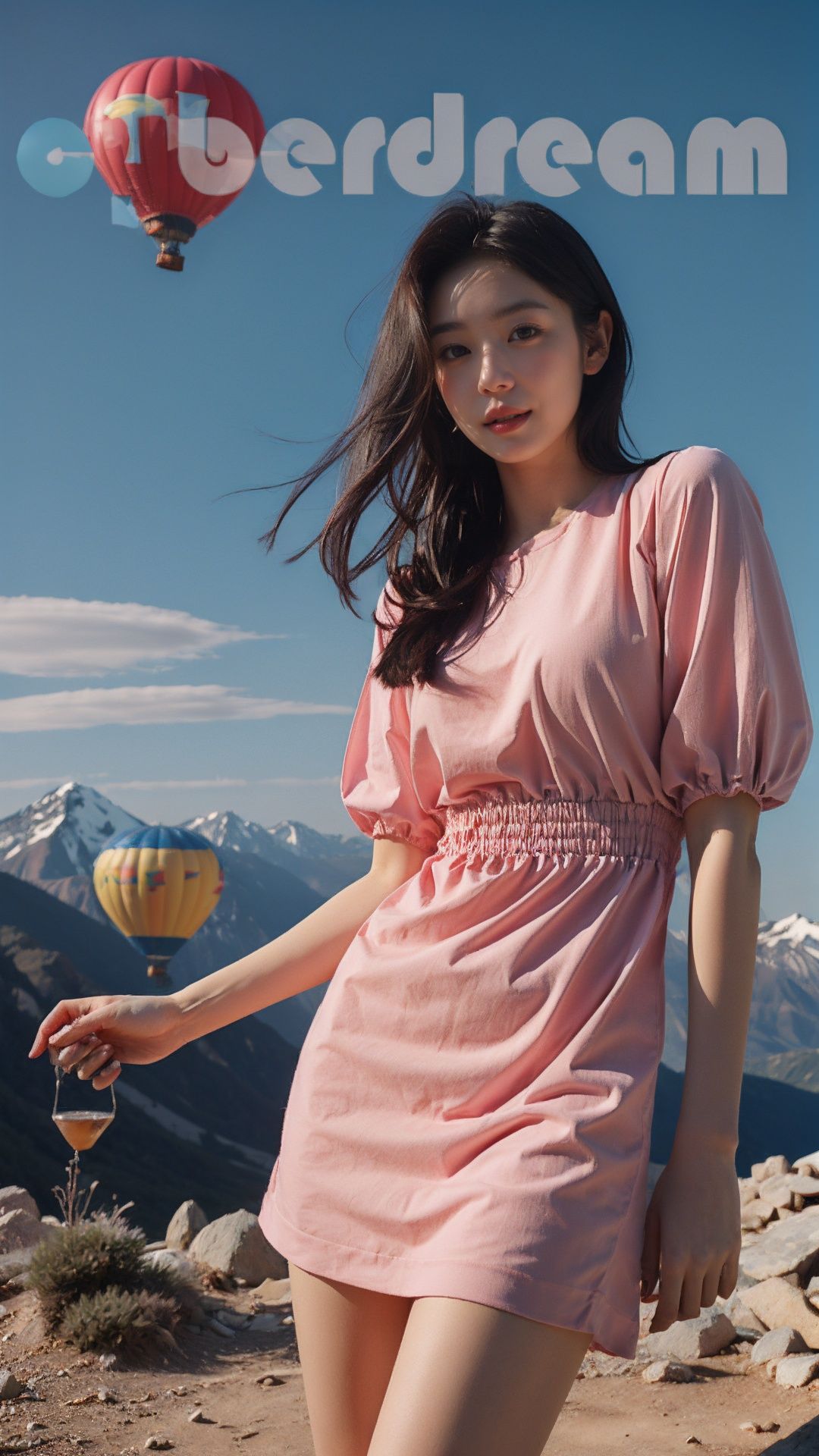 best quality,masterpiece,1girl,upper body,in a dress like snow white,thigh gap,side lighting,high quality shadows,pink style,<lora:多巴胺色彩_1.0:0.6>,hot air balloon,standing at the top of the mountain,landscape,nature background,<lora:小怡同学:0.5>,