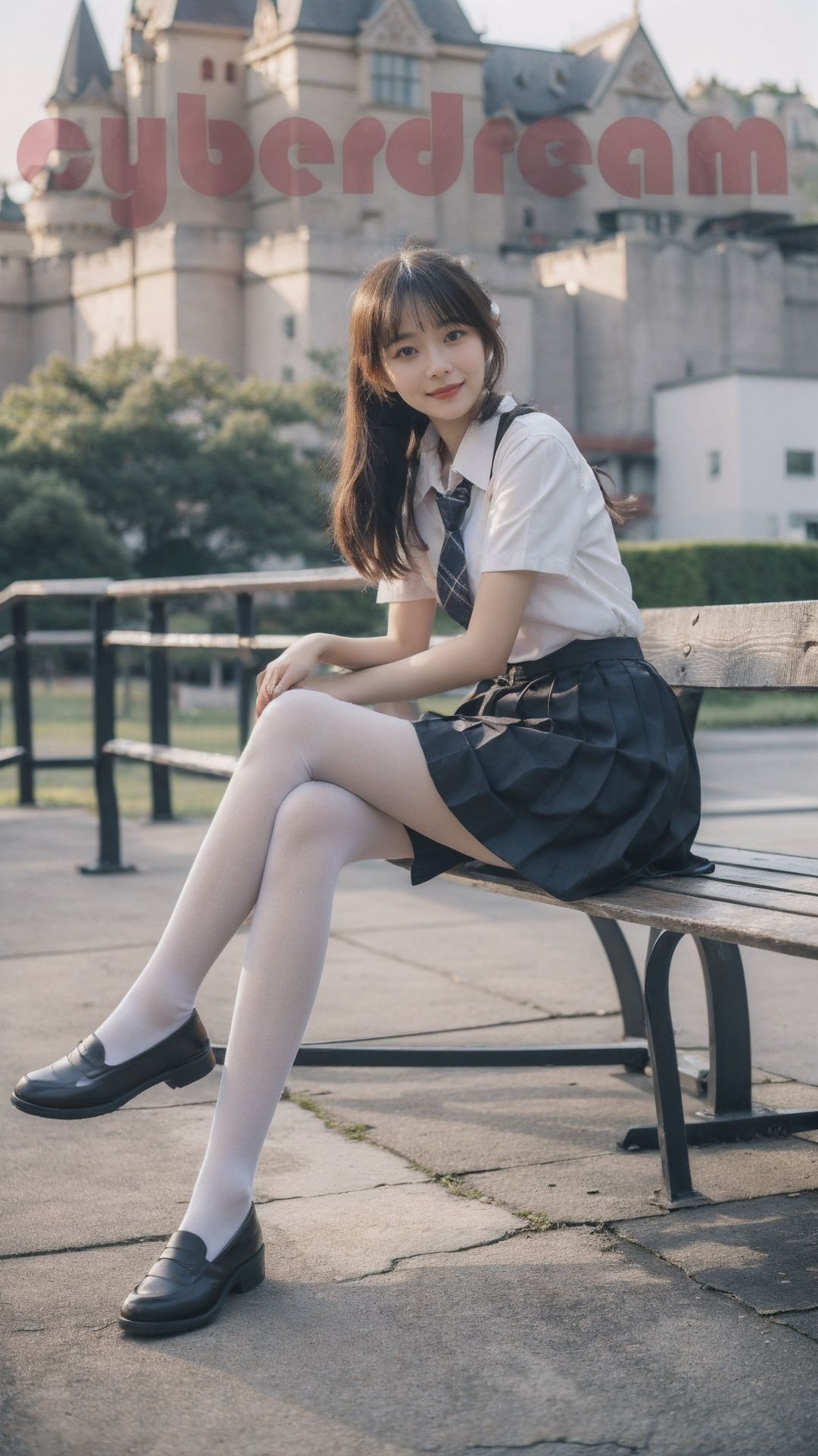 best quality,masterpiece,(Gothic_castle_background:1.3),1girl,<lora:no101Girl_sdNo101000004:0.5>,<lora:cuteGirlMix4_v10:0.3>,<lora:jk制服白丝裤袜serafuku white pantyhose and l_1.0:0.5>,sitting,white pantyhose,serafuku,school uniform,loafers,plaid_skirt,pleated skirt,mary janes,brown footwear,green belt,bench,<lora:图图的嗨丝（8D白色油亮长筒袜）_v1.0:0.3>,skinny,(slim legs,very long legs,manga legs:1.2),(((teenager))),(((teenage))),((loli)),((cute)),