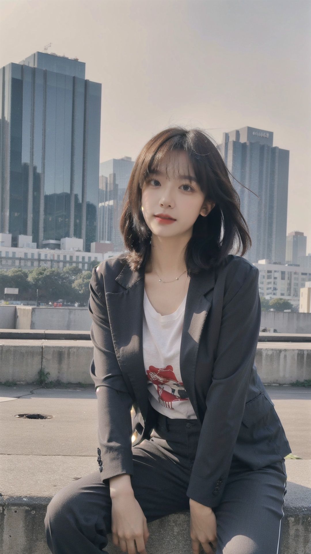 8K raw photo, Best quality, masterpiece, ultra high res, 1girl, natural skin texture, realistic eye and face details, full lips, fluffy hair, beautiful legs, tall female, skinny, slim_legs, solo, fluffy hair, sitting, (looking at viewer:1.28), raw photo, Best quality, masterpiece, ultra high res, 1girl, natural skin texture, realistic eye and face details, full lips, fluffy hair, beautiful legs, tall female, skinny, slim_legs, solo, fluffy hair, , sitting, (looking at viewer:1.2), full body,, closed mouth, black eyes, bangs, red lips, <lora:FilmgirlLora_v30:0.7>,(extremely detailed CG unity 8k wallpaper), photo of the most beautiful artwork in the world, trending on ArtStation, trending on CGSociety, Intricate, High Detail, Sharp focus, dramatic,volumetric lighting, rim lighting, two tone lighting, cinematiclighting, rim lighting, light particles, sunlight,,(Structured_blazer:1.4),(Cigarette_pants:1.3),(Pointed-toe_pumps:1.2),(City_skyline_background:1.4),<lora:cuteGirlMix4_v10:0.5>,<lora:ChineseDollLikenessV2.0:0.5:FACE>,