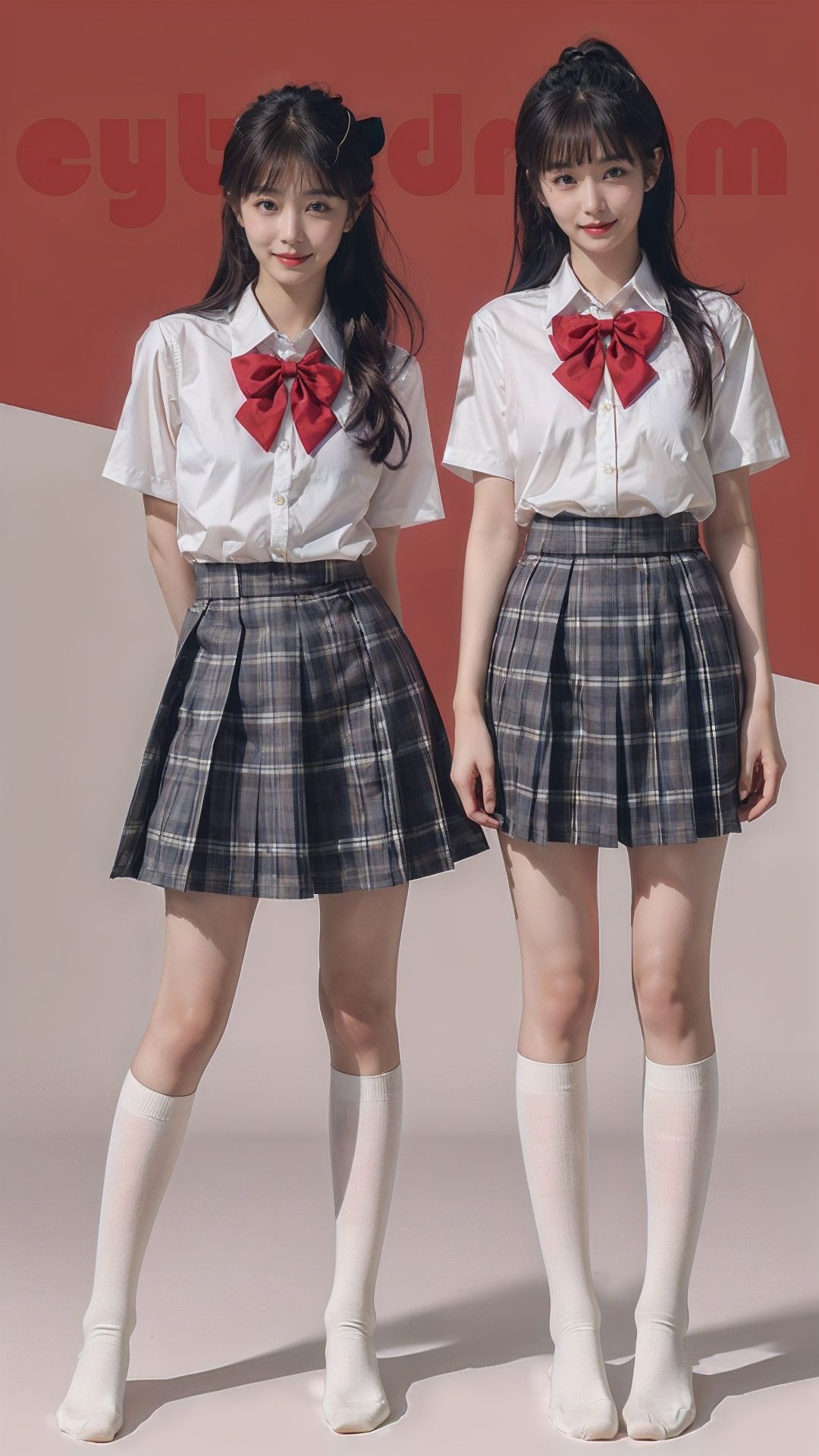 8k,best quality,masterpiece,ultra high res,(photorealistic:1.4),(2girls:1.5),(full body:1.5),(standing shoulder to shoulder),smile,cure beauty,perfect face,detailed face,long hair,bangs,ponytail,hairclip,V-gesture,(white|yellow short-sleeved,JK_shirt),JK_style,(Grey|purple tartan JK_skirt),JK_tie,JK_bow,<lora:JK_style:0.4>,(knee-high socks:1.3),(((only wearing white socks))),(no shoes:1.5),(very long legs, slim legs,long slender legs:1.2),(backlighting:1.2),(solid background,simple background,red background:1.2),<lora:小怡同学:0.4>,