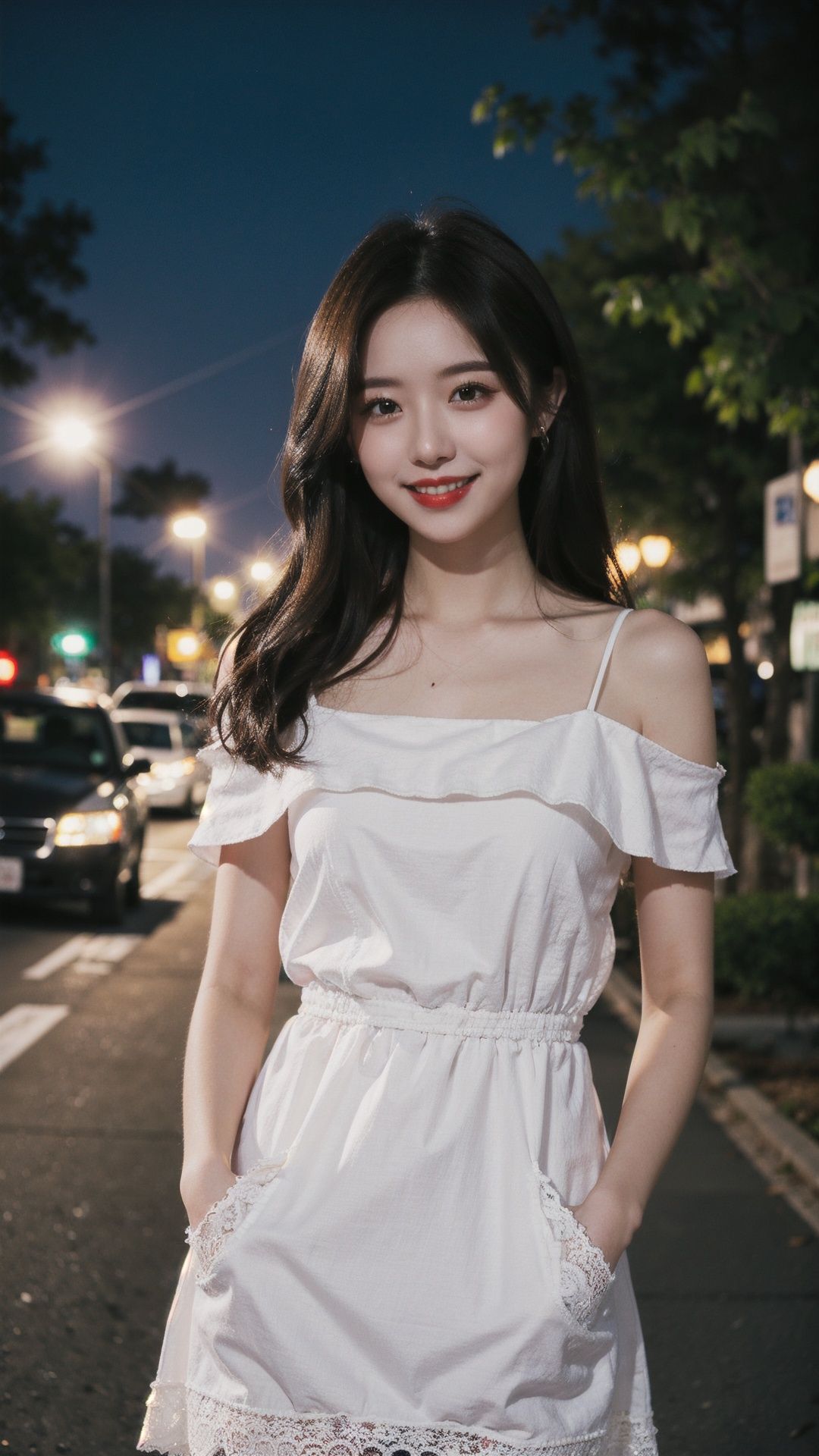 a woman standing on the side of a road at night,off shoulder,lace-trimmed dress,long hair,seductive smile,looking at viewer,ground vehicle,night,hands in pockets,blurry background,black hair,bokeh,brown hair,outdoors,red lips,<lora:ChineseDollLikenessV2.0:0.5:FACE>,