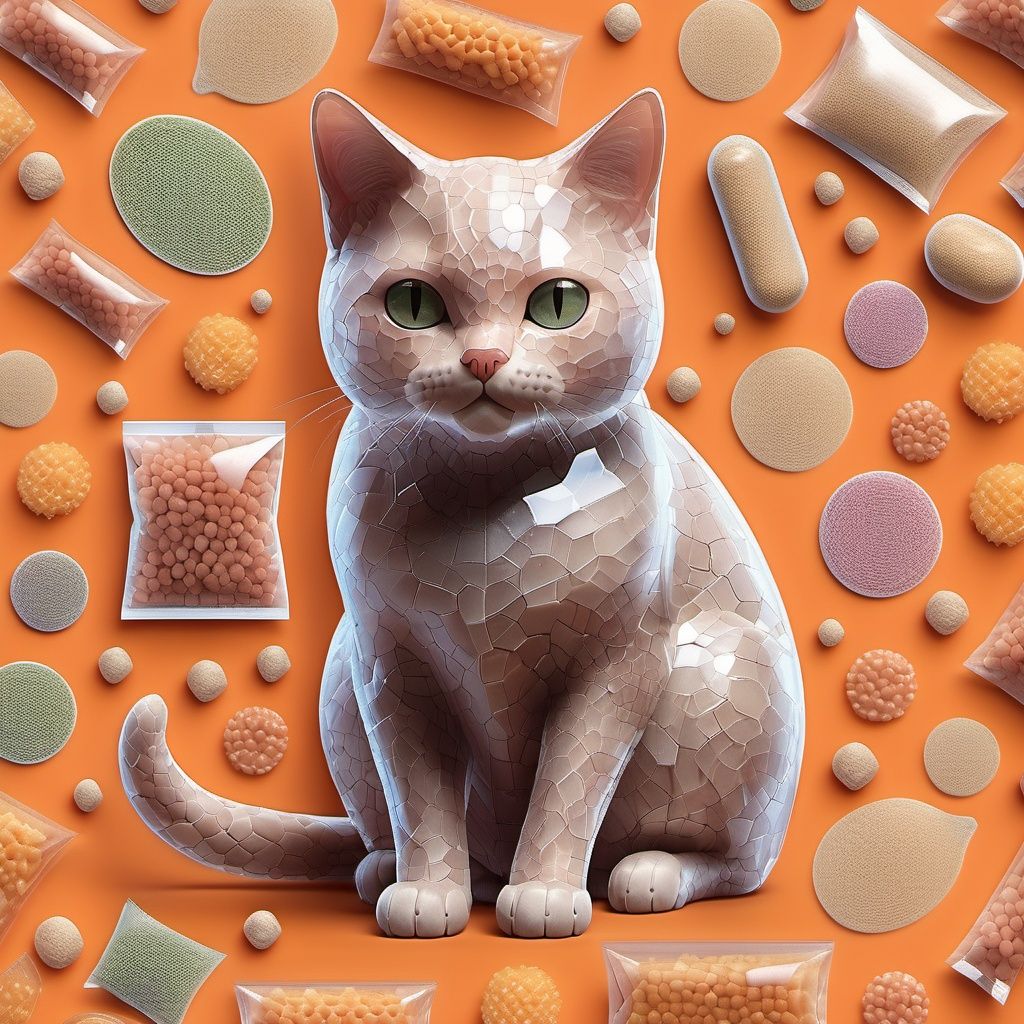 (a cat), skin covered in tasy snacks::2, art by Elba Damast, cat food skin::2), dry cat food skin, halftone texture, clean background <lora:transparentskin:1> 