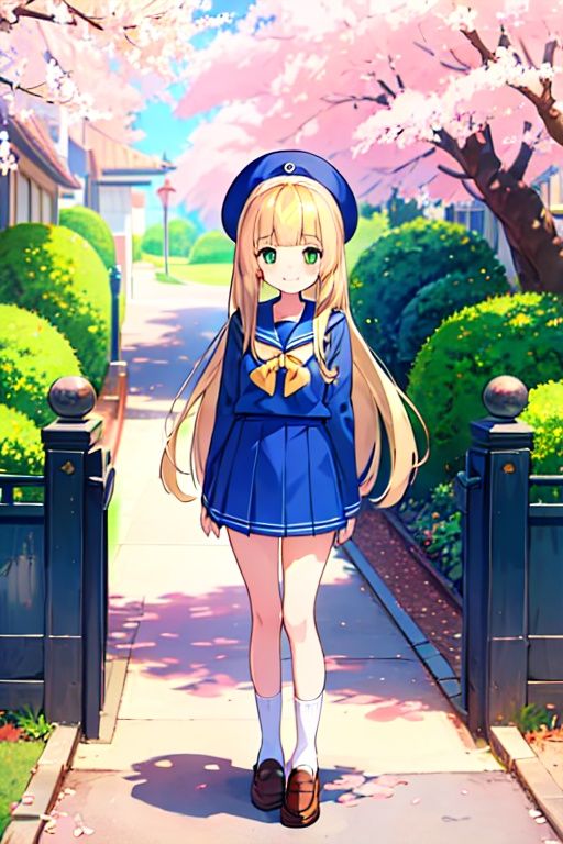 cute little girl standing in front of the school gate,  blonde hair,  green eyes on Tensor.Art
