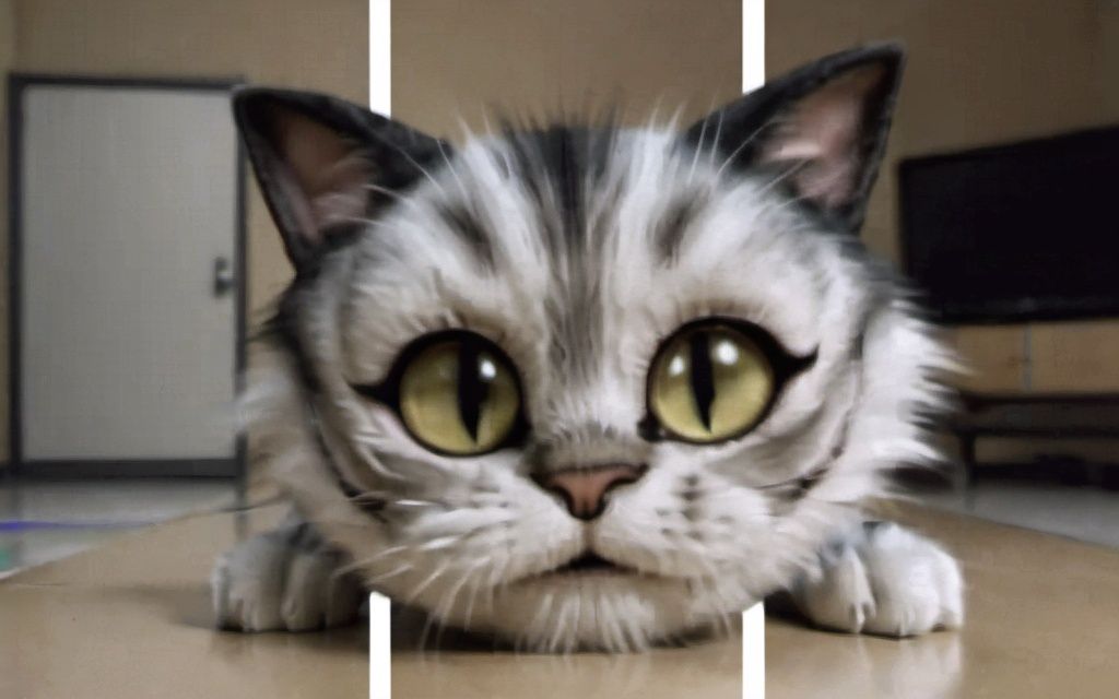 <lora:sdxl_fake3d_v2-000015:0.8>,fake3d，A cat extends its head forward and it's head covers the markings,2_white_markings,no humans,cat, looking at viewer, solo, animal focus,
