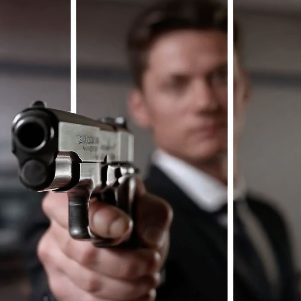 <lora:sdxl_fake3d_v2-000015:0.8>,fake3d,the hand holding the gun covered a portion of the white markings,((2_white_markings))，blurred background，a man in a suit aimed a pistol aheadgun,1boy,holding,male focus, realistic