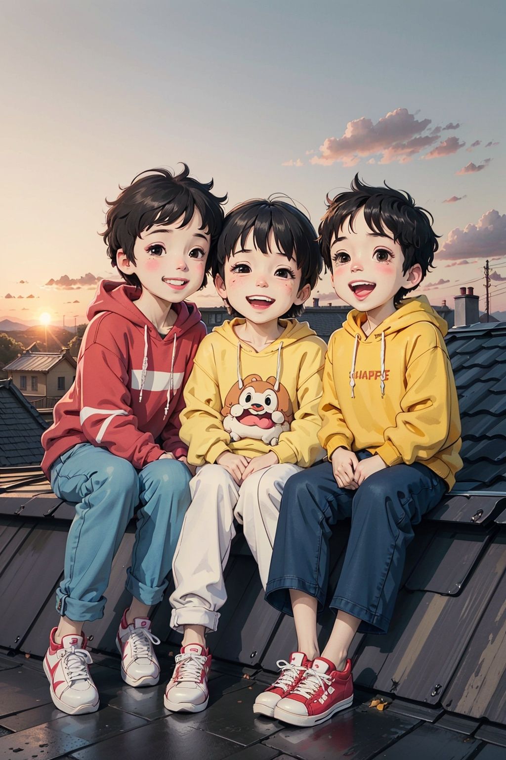 Two happy little boys and a little girl sat on the roof, taking full body photos and laughing happily. The boy wore a yellow short Sweatshirt, red sneakers, and the girl wore a white sweatshirt, jeans, white sneakers, black hair, a house, flowers, Hayao Miyazaki and other small animals. A happy little boy with a round face, big eyes, long eyelashes, sunset and sunset,
