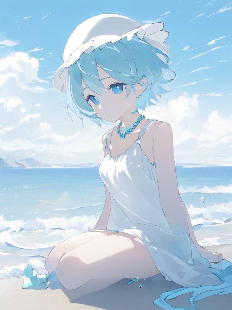 jianniai,depth of field, atomosphere fog, masterpiece, best quality, 1girl, sitting, kneeling, solo, cloud, outdoors, bracelet, white dress, aqua hair, blue eyes, beach, short hair, day, water, sleeveless, ocean, white hat, blue sky.<lora:33332-000005:1>