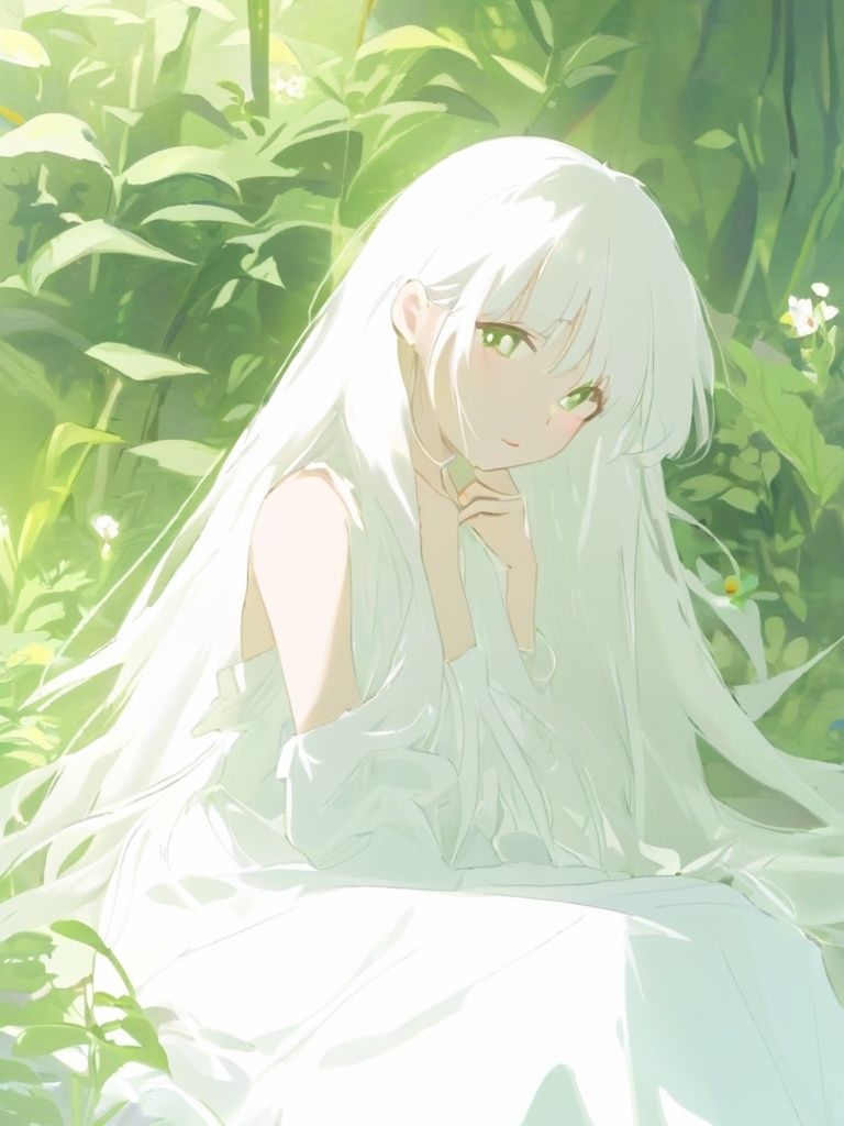 jianniai,(masterpiece, best quality),1girl with long white hair sitting in a field of green plants and flowers, her hand under her chin, warm lighting, white dress, blurry foreground.<lora:33332-000005:1>