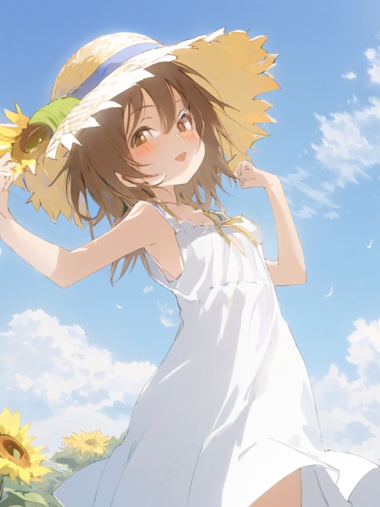 jianniai,masterpiece, best quality, 1girl, sunflower, solo, outdoors, white sundress, brown hair, upper body, day, closed mouth, brown eyes, looking at viewer, sleeveless dress, blue sky, sun hat, cloud<lora:33332-000005:1>