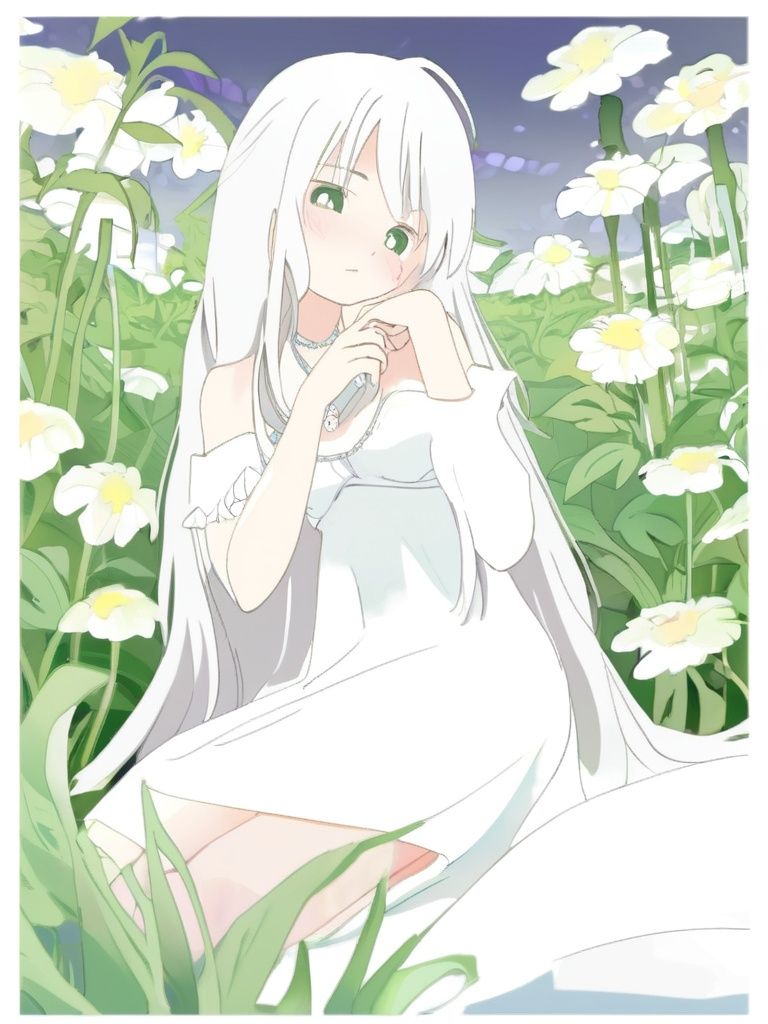 jianniai,(masterpiece, best quality),1girl with long white hair sitting in a field of green plants and flowers, her hand under her chin, warm lighting, white dress, blurry foreground.<lora:33332-000005:1>