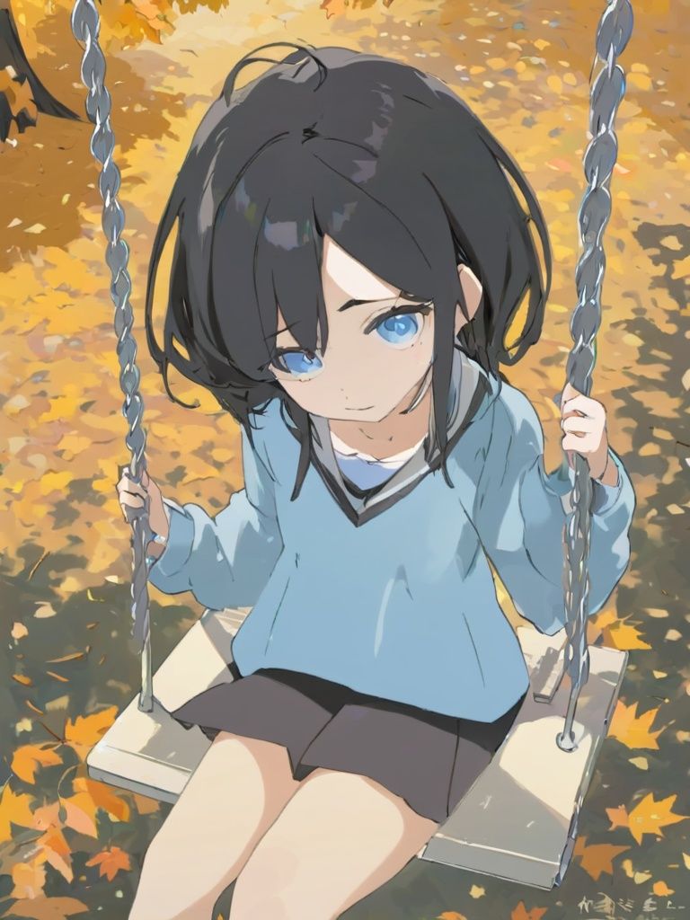 jianniai,pastel color, from above, upper body, depth of field, masterpiece, best quality, best quality, 1girl sitting on a swing, school uniform, black hair, blue eyes, autumn, park.<lora:33332-000005:1>