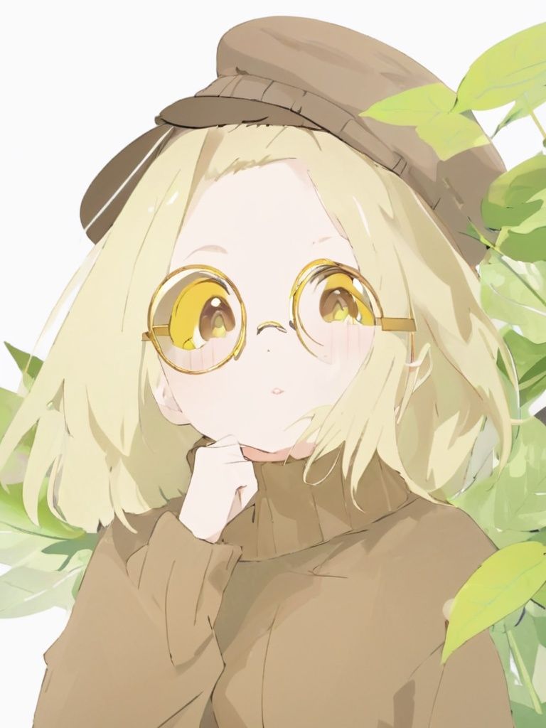 jianniai,close up, masterpiece, best quality, bokeh, cute, 1girl, solo, beret, hair clip, beige hair, round eyewear, brown jacket, turtleneck sweater, upper body, looking at viewer, yellow eyes, closed mouth, leaf, white background, plant<lora:33332-000005:1>